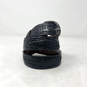 [Vintage] Black Distressed Tooled Leather Belt Size 34"